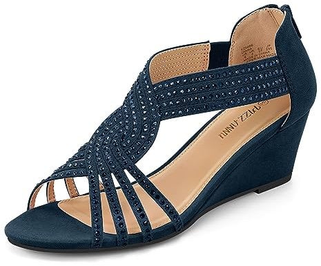 PIZZ ANNU Sandali Donna Estive Con Zeppa Strass Scarpe Eleganti Comodi Sandalo Estivo Ballo Sposa Blu Navy EU 39