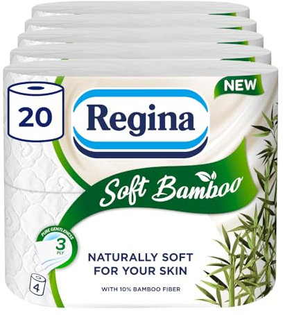 Regina Soft Bamboo - 20 Rolls of Toilet Tissue 3 Ply, 160 Sheets, Naturally Soft for Your Skin, Toilet Tissue Made with Bamboo Fibers, Paper Packaging, FSC Certificated