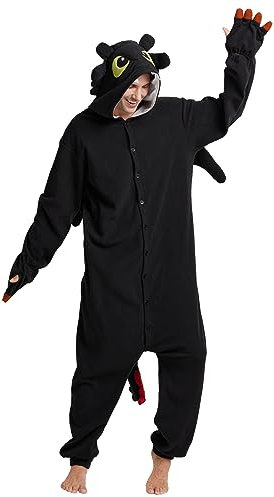 Kidukso Unisex Erwachsene Drachen Onesie Pyjamas Niedliche Tier Nachtwäsche Drache Kostüm Halloween Weihnachten Party Kostüme für Frauen Männer, Schwarz S