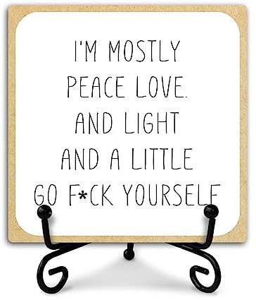 Inspirierendes Schild mit Eisenstütze, Heimbüro, Schreibtisch, Wohnzimmer, Schlafzimmer, Dekoration, Holzschild, Badezimmer-Regal, Dekoration, Bauernhaus, Yoga-Liebhaber, Geschenke, I'm Mostly Peace,