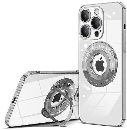 QLTYPRI Magnetic Clear Case for iPhone 13 Pro Case Compatible with MagSafe, Invisible Ring Holder Stand, Camera Lens Full Protection, Slim Silicone Shockproof Phone Case Cover for iPhone 13 Pro–Silver