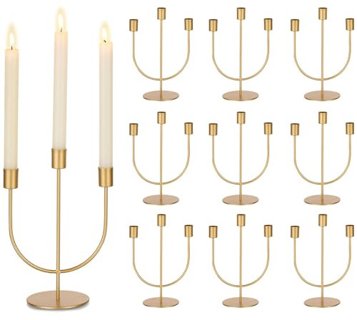 Sziqiqi Kerzenständer 3-Armig Gold Metall für Hochzeit - Kerzenhalter Dekorative Stabkerzenhalter Kerzenleuchter für Stabkerzen für Wohnzimmer Deko Modern, 10 Stück