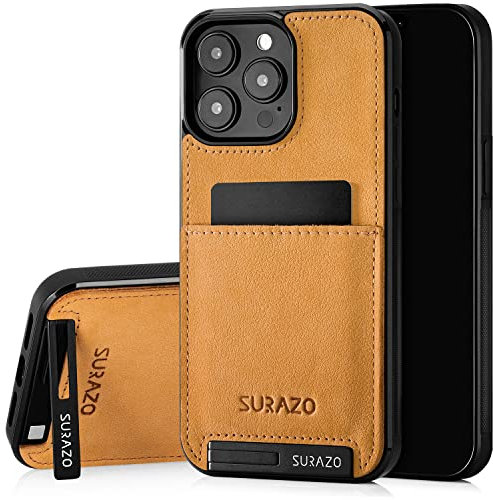 SURAZO Genuine Leather Case for Apple iPhone 15 Pro - Shockproof Leather Phone Cover with Card Slot, Stand & Keychain - Vintage Slim Bumper Protective Case (Camel)