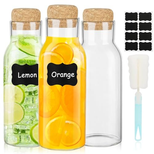 ZgoEC 3 Pack Glass Carafe Bottles, 1000ml Glass Bottles with Cork Lid, Glass Water Carafe with lid, Laundry Storage Jars with Stoppers, Clear Glass Bottle for Hot & Cold Beverages, Milk Juice Wine