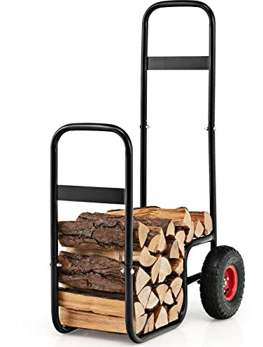 COSTWAY Kaminholzwagen Metall, Brennholzwagen mit rädern bis 100 kg, Holzwagen für Kaminholz, Brennholzkarre kaminholzregal für Holztransport & -aufbewahrung, schwarz