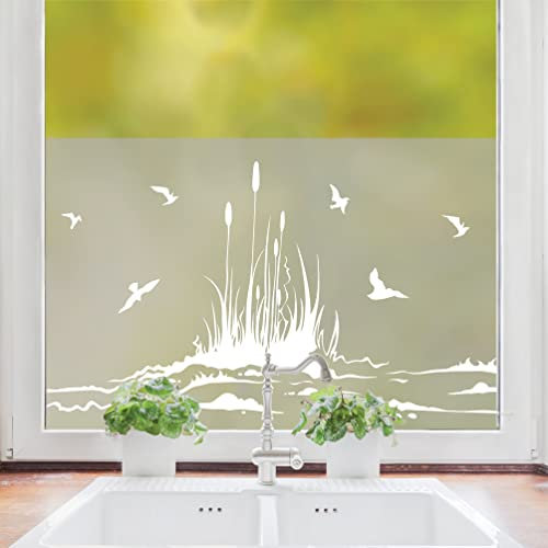 Sichtschutzfolie Vögel mit Schilf am Ufer, maritime Fensterfolie, Fensterdeko Milchglasfolie, 55 cm hoch, 90 cm breit