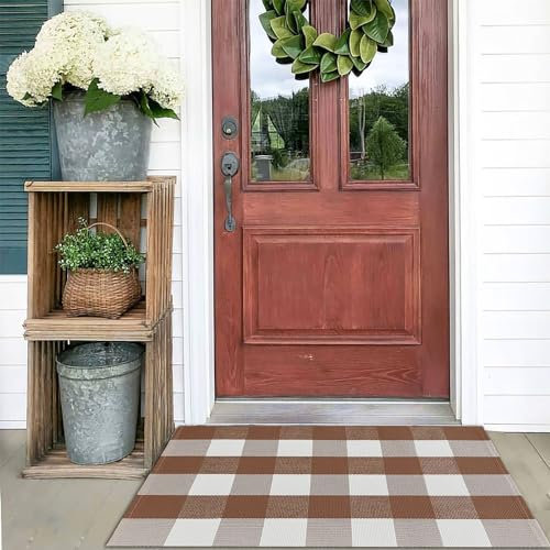 KOZYFLY Buffalo Plaid Teppich, 60 x 91 cm, Kaffee- und Weiß-kariert, waschbar, Haustürmatte, handgewebte Baumwolle, Outdoor-Teppich, kleiner Teppich für Veranda, Küche, Eingang, Terrasse, Badezimmer