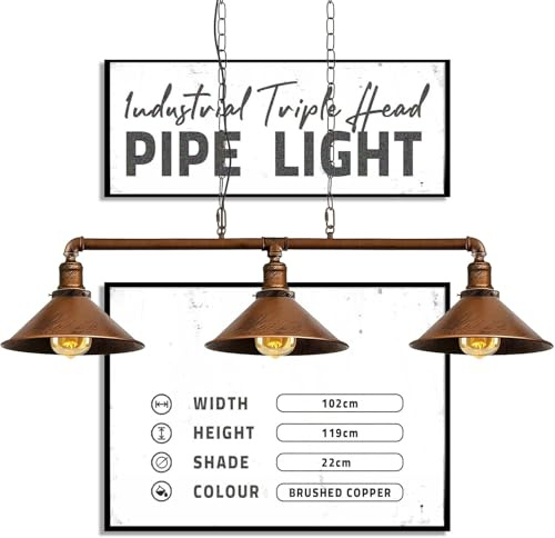 DC VOLTAGE Industrial Suspended Ceiling Pendant 3 Lamp Metal Water Pipe Vintage 22cm Shade with Hanging Chain Light Fitting for Living Room Home Decor (Brushed Copper)