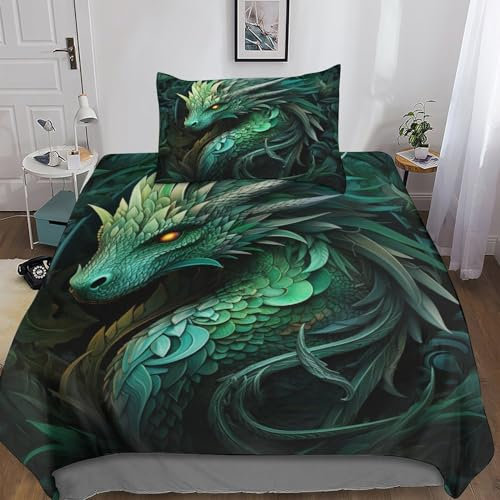 POCHY Grüner Drache Bettwäsche Set 3D Monster Bettbezug Set 2-teilig Mikrofaserbetten Set Mit Reißverschluss Kissenbezug Bettwäschegarnitur Für Teenager, Jungen, Mädchen Single（135x200cm）
