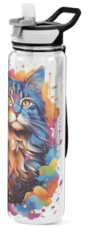 Mnsruu Rainbow Color Cat Water Bottle with Straw 1 Litre Sports Bottle Tritan BPA Free Clear Drinking Bottle for Adults Outdoor School Gym Travel