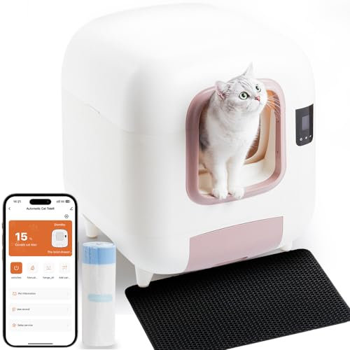 Kalopsia Self Cleaning Cat Litter Tray: Large Cat Litter Box 60L LCD & APP Control Automatic Cat Litter Tray Safety Sensor Sterilization Odor Removal Smart Cat Toilet with Mat for Multi Cats