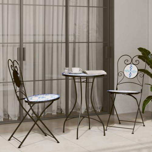Faroom 3 TLG. Mosaik-Bistro-Set, Bistrotisch mit 2 Stühlen, Gartenmöbel Set Alu, Gartenset Balkonset, runder Gartentisch, Balkonmöbel Set Garten Sitzgruppe Outdoor Blau und Weiß