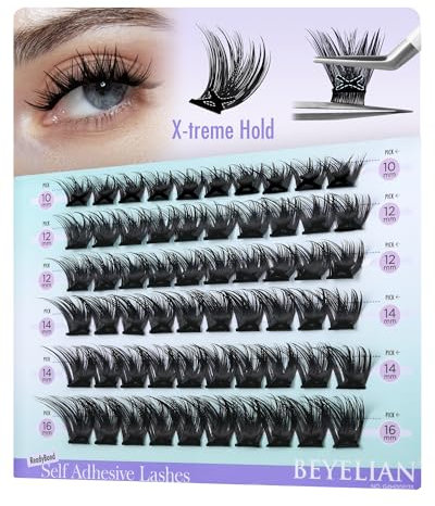 BEYELIAN Self Adhesive Lash Clusters 60Pcs, Pre Glued Eyelashes Cluster D Curl 10-16mm Press On Lashes, No Glue Needed Wispy Lash Clusters DIY Self Stick Eyelashes