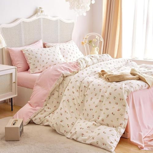 Sedefen Bettwäsche 200x200cm Weiß Rosa Blumen Bettbezug Blätter Floral Pflanzenmuster Wendebettwäsche Set Microfaser Mädchen Bettwaren-Set mit Reißverschluss und 2 Kissenbezug 80x80cm