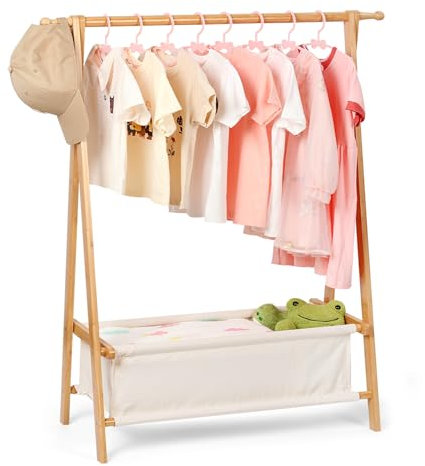 Relquorax Appendiabiti per bambini con contenitore, appendiabiti per bambini, piccolo indumento, per costumi, bambù (colore naturale)