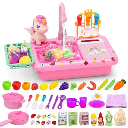 deAO Play Sink Waschbecken Küchenspielzeugset - Spielspüle Spielzeug mit elektrischen Wasserhahn mit Angelspielzeug Wasserkreislauf wasserdichte, Kinder Küchenspüle-Spielset | Pink