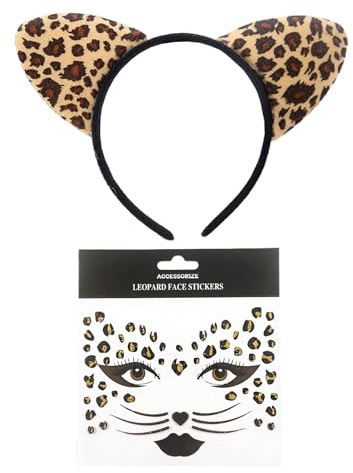 2 Stück Leopard Kostüm Damen Leopard Ohren und Gesichtstattoos Temporäre Tattoos Tiger Kostüm Damen Fasching Karneval Cosplay