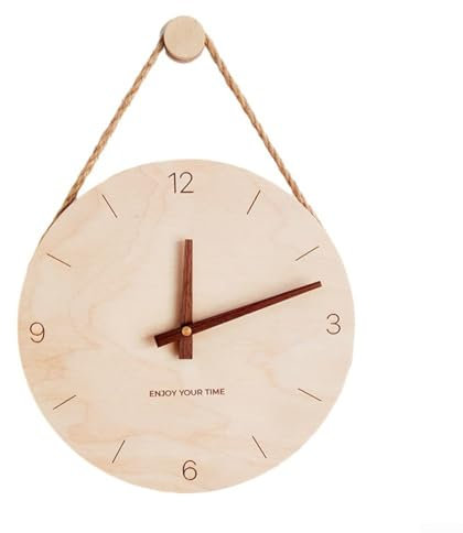 Hasaller Nordic Style Rustic Wooden Wall Clock with Hanging Rope 25.4cm Large Round Silent Time-piece Decorative Farmhouse Clock Rope Hanging Wall Clock for Living Room Bedroom Study Office(1)