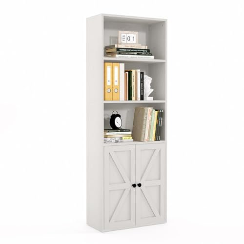 oneinmil Tall Bookshelf, 5 Tier Bookcase with Cabinet Doors, Modern Bookshelves Display Rack, Storage Cabinet for Home, Office, Living Room, White