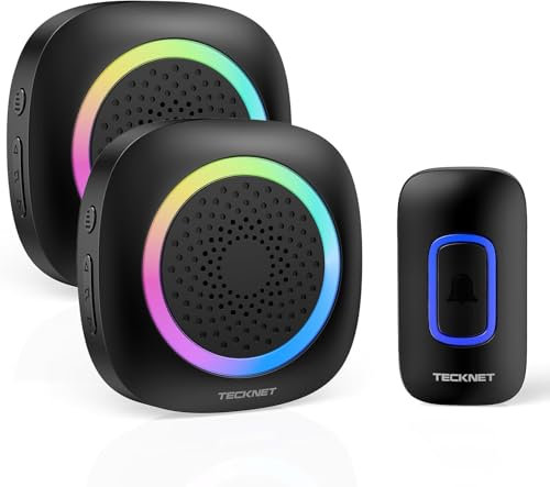 TECKNET Campanello Senza Fili Alimentato a Batteria Impermeabile IP66, Portata 400M, 5 Livelli Volume 60 Melodie, Batteria Rimovibile RGB Campanello Wireless Esterno(1xTrasmettitore e 2x Ricevitore)
