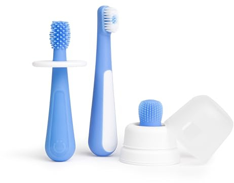 Ubbi Grow with Me Toothbrush Training Set for Babies and Toddlers, Includes Silicone Finger Brush, 360° and Soft Bristled Toothbrush, Polaris Blue