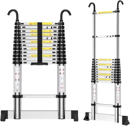 EOXCIIU Telescopic Ladder 3.7m, Aluminium Extendable Ladder with Hooks, Height Adjustment, Convenience for Home, Attic Access, etc.