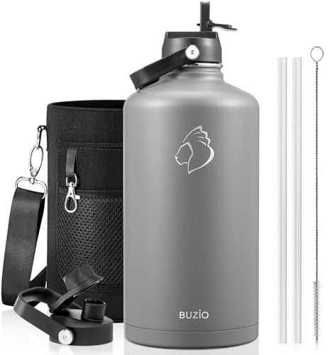 Botella de agua de galón BUZIO aislada, gran jarra de acero inoxidable al vacío, botella metálica grande, mantiene frío 48h, hermética, sin BPA, con pajita y tapón vertedor, Gris