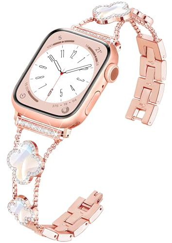 wipalor Four-Leaf Clover Band for Apple Watch Straps 41mm 40mm 38mm 42mm(Series 10), Lightweight for Women, Shiny Diamond Jewelry Metal Strap for iWatch Strap Series 10 9 8 7 6 5 4 3 2 1 SE(Rosegold)