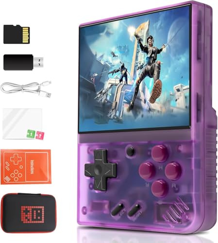 Mi-Yoo Mini Plus Console Portable,3.5 inch IPS Screen avec 5500+ Jeux Classiques, Supporte Gamepad sans Fil, Carte 64G intégrée（Transparent Violet）