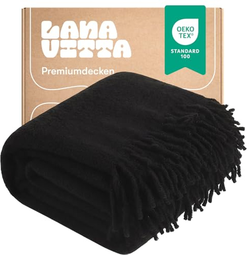 Lanavitta – Bouclé Wolldecke „Premium“ – Kuschelige Tagesdecke & Plaid – Sofadecke, Couchdecke, Bettüberwurf & Sesseldecke – 80% Wolle, 20% Polyester – Schwarze – 140x200 cm