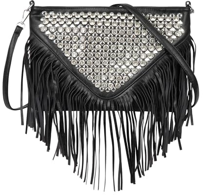 Meliyya Strass Fransen Umhängetasche Glänzende Nieten Schultertasche Handtasche für College Party Alltags, Schwarz