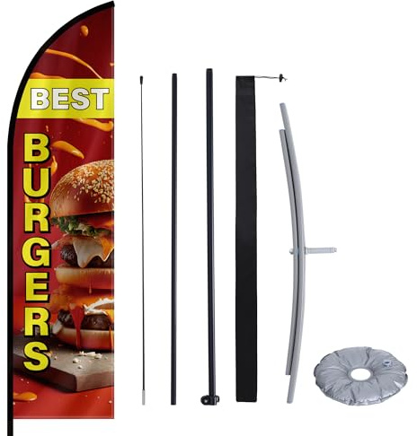MASTERCANOPY Burgers-Federflagge-Set, 2,6 m | Werbebanner, Geschäftseröffnungsbanner, mit Fiberglasstange & Wassergewichtstaschen