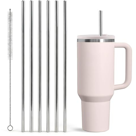KNUIUYY 6 Pajitas De Metal Reutilizables Con Limpiador De Popote, Pajitas De Repuesto Compatibles Para Stanley De 40 oz y 30 oz,Ecológicas, Lavavajillas, Bebidas Frías/Calientes, Batidos y Bebidas