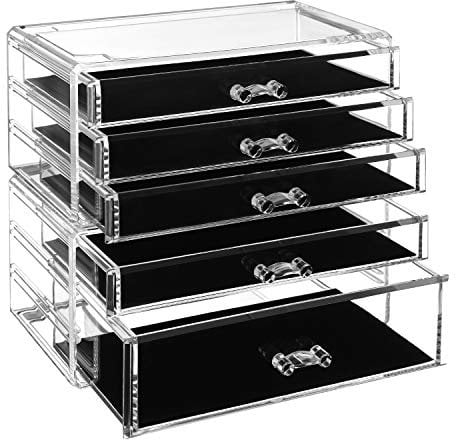 SONGMICS Make-up Organizer, 2 stapelbare Aufbewahrungsboxen für Schmuck und Kosmetik, mit 5 Schubladen, aus Kunststoff, Transparent JMU32TP