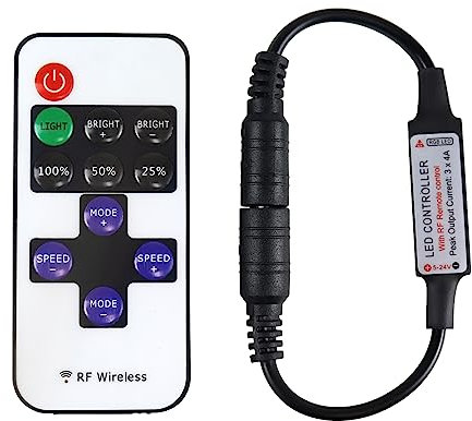 11-Key RF Mini Wireless Remote Controller for Single Color 3528 5050 LED Strip Lights, Wireless Remote Control with DC Connector, RF Dimmer for 12V DC LED Ribbon, Shelf Lights