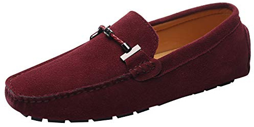 Jamron Mens Elegant Buckle Loafers Comfort Suede Driving Shoes Stylish Moccasin Slippers Burgundy SN19020 UK7