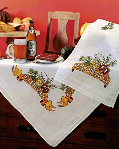 KAMACA Stickpackung Tischdecke OKTOBERFEST Kreuzstich vorgezeichnet aus Baumwolle Stickset mit Stickvorlage (Mitteldecke 80x80 cm)