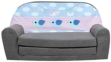 FORTISLINE Kindersofa MINI ausklappbar 78 x 40 x 45 cm - Kindercouch aus Mikrofaser mit Liegefläche 104 cm, abnehmbarem waschbarem Bezug, Oeko-TEX Standard 100 Birds II