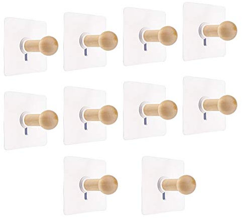 YINETTECH Confezione da 10 ganci adesivi in legno per cappelli, da parete, appendiabiti, asciugamani, chiavi, porte, guardaroba, cucina, bagno