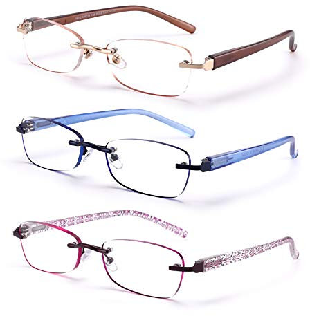FEIVSN 3 Pack Randlose Lesebrille für Damen, Leicht Federscharnier Leser, Klassisch Elegante Künstlerische Brille UV 400 (Mix 2.00 usw.)