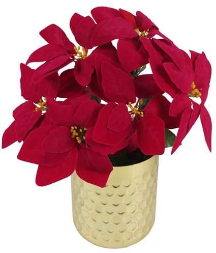 Leaf Artificial Christmas Xmas Red Poinsettia 40cm Houseplant in Pot, Silk, Gold Honeycomb