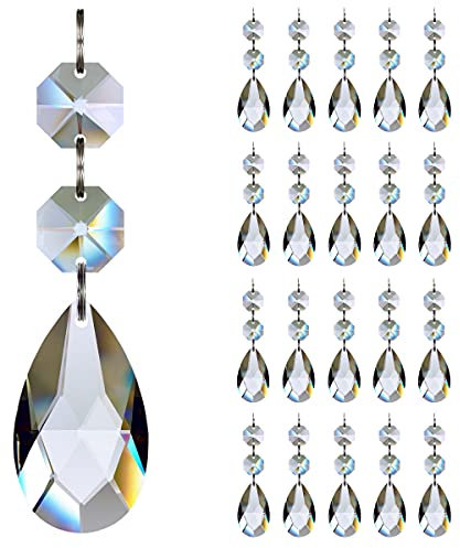 GOLDENHAITAI Kronleuchter-Kristalle, 38 mm, Tropfenform, klare Kristall-Kronleuchter-Prismen, Anhänger, verbundene Glasperlen, achteckige Perlen, hängende Girlande, Dekoration, 20 Stück
