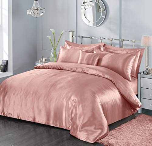 7 Piece Satin Sheets Super Soft Shiny Bedding Sets, 1 x Duvet Cover, 1 x Fitted Bed Sheet, 4 x Pillow Cases, 1 x Cushion Cover, Full Complete Bed Set (Blush Pink, Super King)