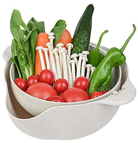 Nothers Passoire et passoires de cuisine, panier de vidange rotatif double couche, passoire amovible pour le lavage des légumes, fruits et baies (beige) GL01 29,5 x 21 x 13 cm