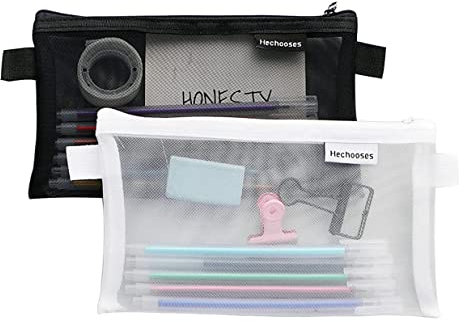 Guokoo 2-teiliges Federmäppchen-Set, transparente Prüfungs-Federtasche, Netz-Reißverschluss, Stiftpoush, Nylon-Aufbewahrungstasche, Schulbedarf, tragbare Bürobedarf-Aufbewahrungstasche, schwarz,weiß