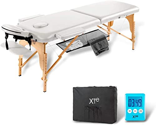 Lettino Massaggio Portatile, in Pelle ‘PU’ ECO di Alta Qualità, XXL 2 Zone, Telaio in Legno, Pieghevole, Cavi in Acciaio Inox, Poggiatesta, Braccioli, Rete, Borsa Trasporto e Timer Omaggio (BIANCO)
