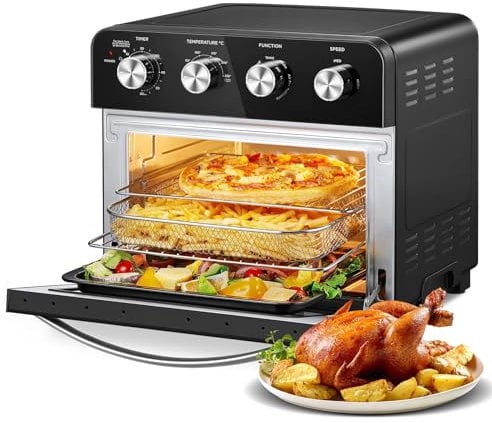 FOHERE Air Fryer Oven 23L Mini Oven, Multi-function Countertop Convection Oven with Rotisserie, Oil Free Cooking, Independent Temp Control for Energy Save, 6 Accessories & 100 Recipes, 1700W