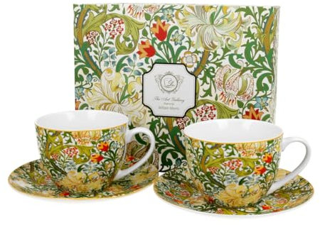 DUO ART GALLERY 2er-Set Tassen 250 ml GOLDEN LILLY mit Untertassen, New Bone China Porzellan