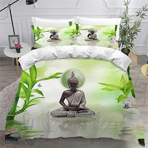 NUYSP Parure de Lit 3 Pièces Bambou Statue De Bouddha Housse de Couette 220x240 Adulte 3D Motif Microfibre Zen Housse de Couette 2 Personnes avec Fermeture éclair et 2 Taies d'oreiller 50x75