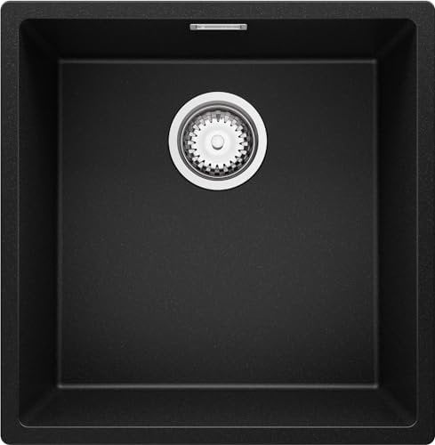 PRIMAGRAN Evier Cuisine en Granit Noir 46x47cm, Lavabo 1 bac + Kit de Vidage, Évier à Encastrer au meuble 50cm - London Slim